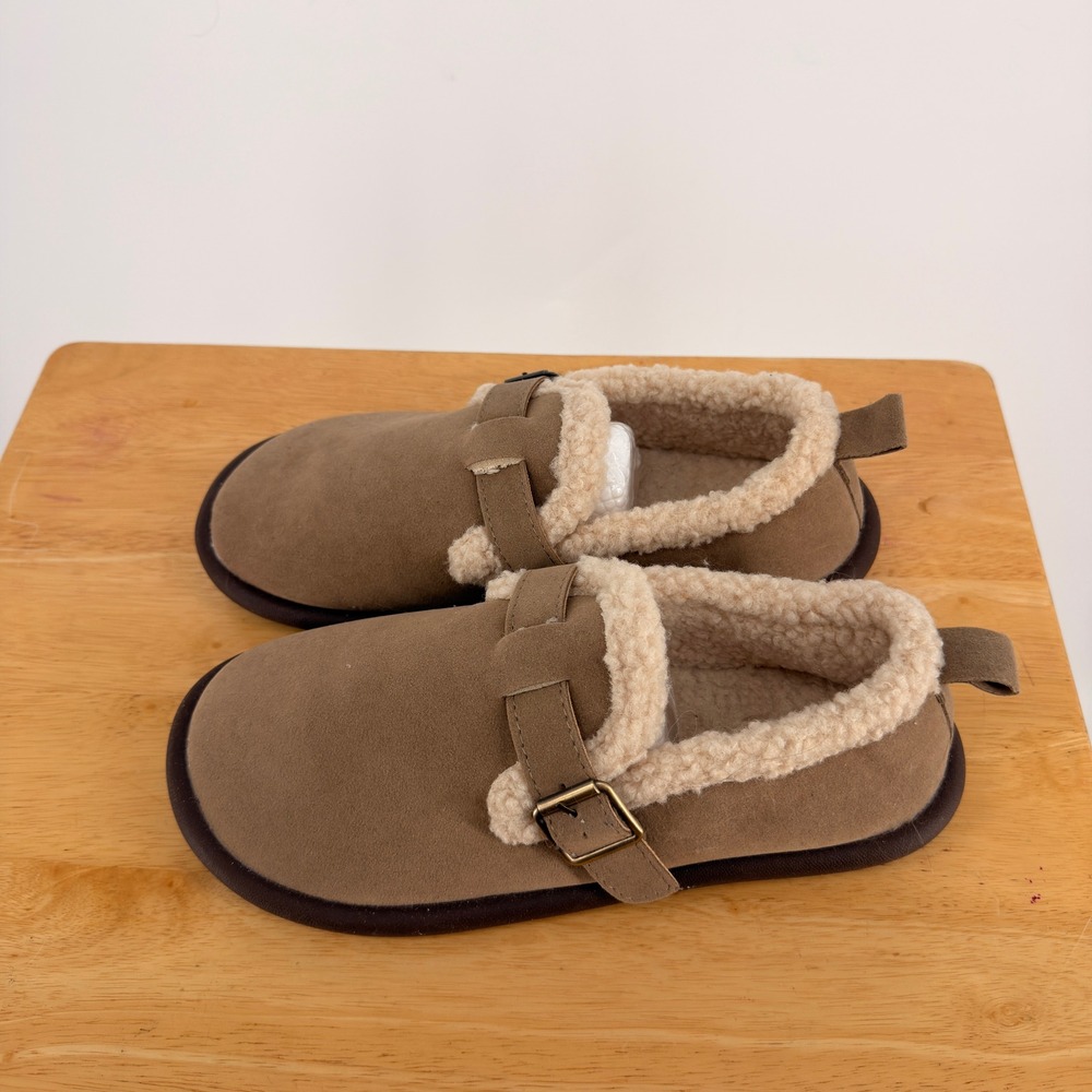 NEW Slipper Mules Women 42 Brown Faux Fur Suede Sherpa Buckle Cozy Cabin Slip On